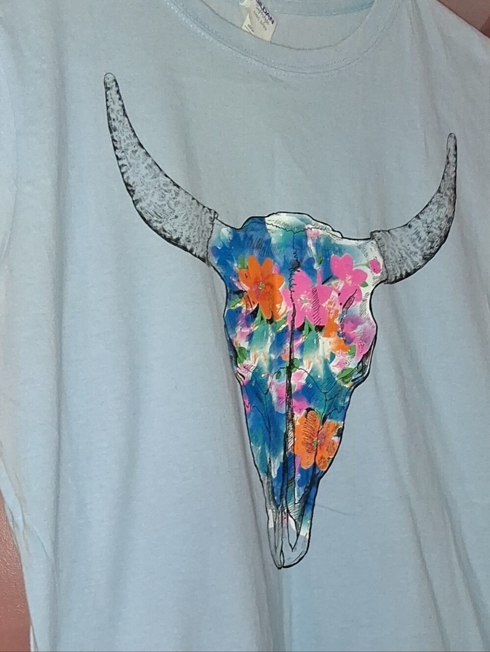 Gildan Light Blue Tee with Multicolor Floral Bull Skull Graphic